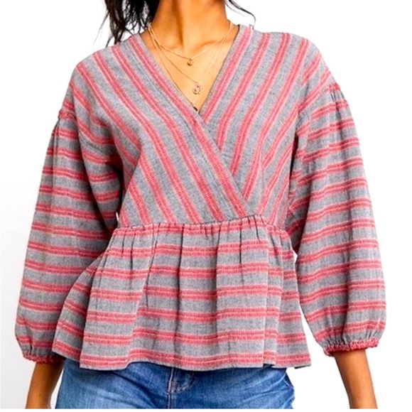 Madewell Tops - MADEWELL Gray and Red Striped Wrap Front Balloon Sleeve Peplum Hem Top
